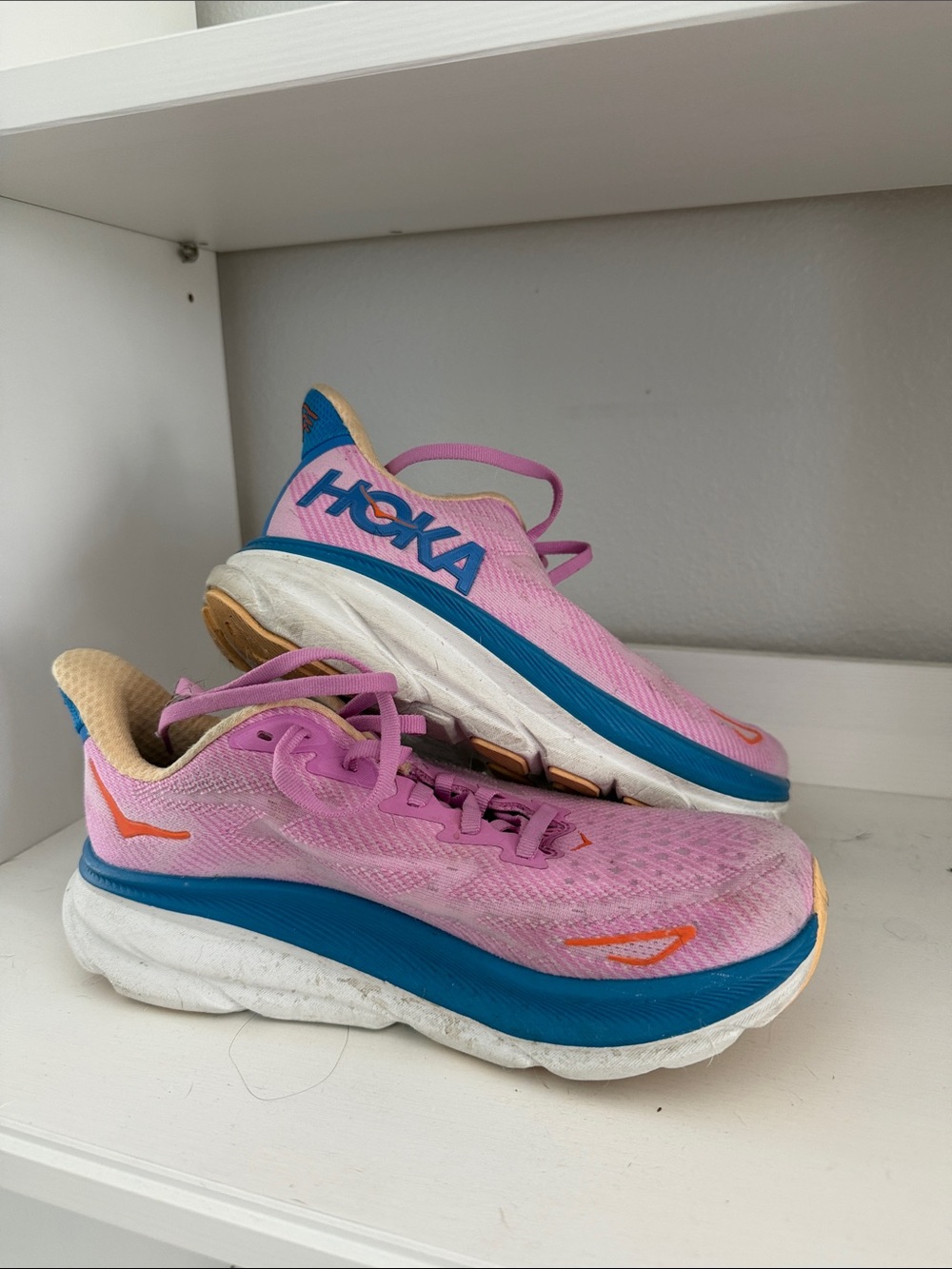Hoka Women's Pink and Blue Cushioned Running Shoes Clifton 9